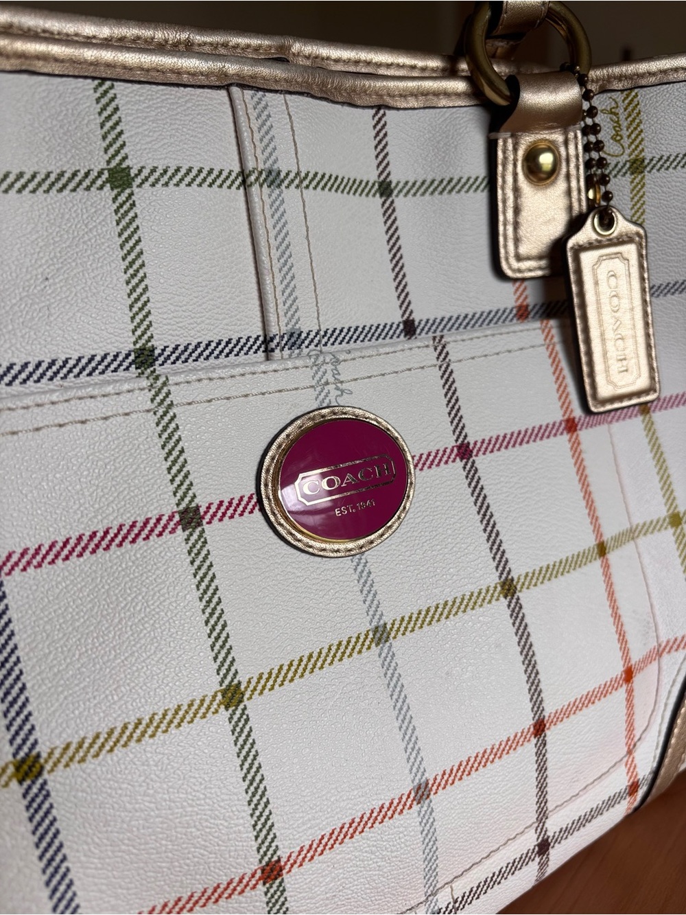 Coach White Plaid Tote with Gold Accents - Picture 5 of 15
